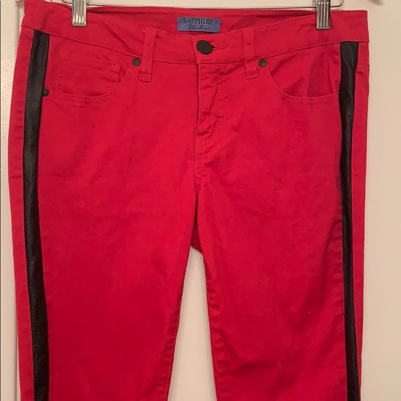 FAUX LEATHER STRIPED RED JEANS - Picture 2 of 5
